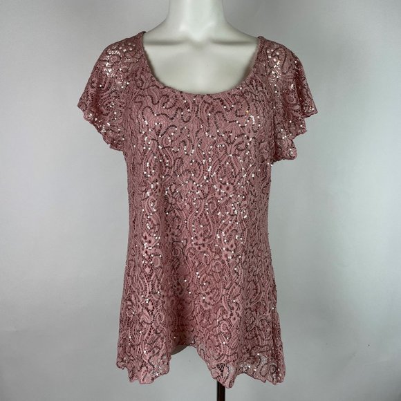 BRITTANY BLACK Sequin pink short sleeve party top Medium - Picture 1 of 5